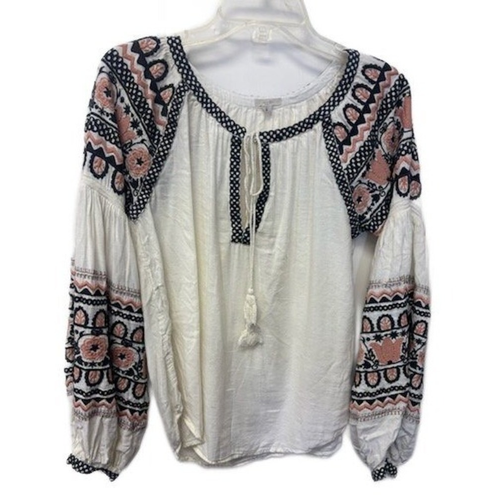 Anthropologie Ecote Blouse Women's Size Small Cream Embroidered Peasant Boho Top